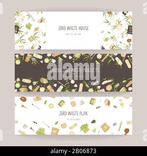 Set of Zero Waste Vector Concept illustration in Minimalism Style, with Reusable and Recycle Zero Waste products - Beauty, Kitchen, personal care and Stock Vector