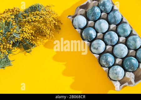 Blue textured colored Easter eggs in a box and mimosa flowers on a bright yellow holiday background backdrop. Spring holiday concept. Copyspace. Flat Stock Photo