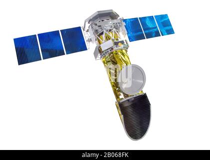Research orbital scientific satellite with solar panels, isolated on white background Stock Photo