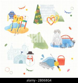 Set of hand drawn a variety of festivals, local fair sketch illustration 001 Stock Vector