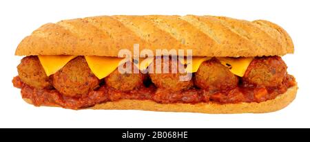 Meatball and cheese sub roll sandwich with tomato sauce isolated on a white background Stock Photo