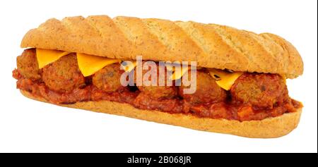 Meatball and cheese sub roll sandwich with tomato sauce isolated on a white background Stock Photo