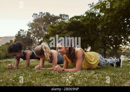 Young smiling fit three diverse multiracial woman in sportswear doing plank exercises on green grass in the park on a sunny day Stock Photo