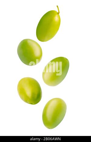 Falling green pickled olives isolated on white background. Stock Photo