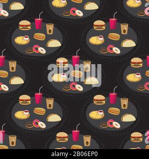 fast food set hamburger hot dog drinks French fries donuts burrito seamless pattern black. Vector image. Stock Vector