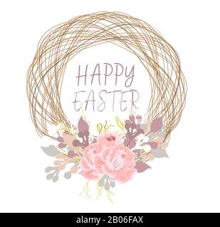 Spring card with place for text. Happy easter Easter background. A wreath of branches. Birdhouse. Golden bows and first flowers . illustration isolate Stock Photo