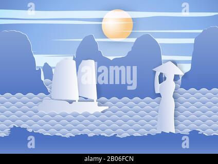 Vietnamese woman look to ship in ha long bay,landmark of Vietnam on,vector illustration Stock Vector