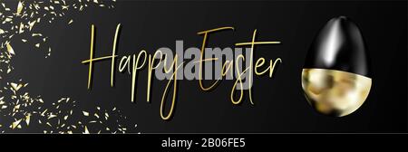 Happy easter lettering background with realistic golden glitter decorated eggs, confetti, chic easter. illustration for greeting card, announcement, p Stock Photo