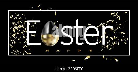 Happy easter lettering background with realistic golden glitter decorated eggs, confetti, golden brush splash. illustration for greeting card, announc Stock Photo