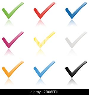 collection of colored check marks with reflection to symbolize success Stock Vector