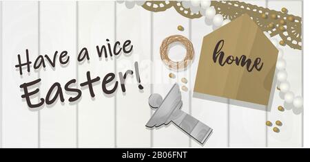 Trendy modern Easter banner. Happy Easter horizontal poster. Rabbit or bunny. Delicate pestle colors. Realistic style. Vector illustration. Stock Photo