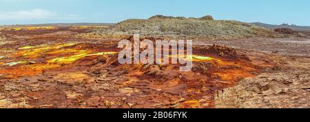 Colorful incredible abstract apocalyptic landscape like moonscape of Dallol Lake in Crater of Dallol Volcano, Danakil Depression, Ethiopia Stock Photo