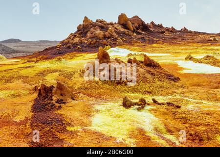 Colorful incredible abstract apocalyptic landscape like moonscape of Dallol Lake in Crater of Dallol Volcano, Danakil Depression, Ethiopia Stock Photo