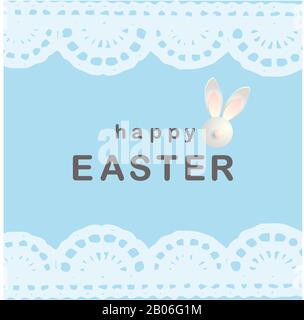 Happy Easter. Greeting card with bunny rabbit. Easter poster, postcard, flyer. Lace and blue color. Cute illustration. Stock Photo