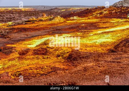 Colorful incredible abstract apocalyptic landscape like moonscape of Dallol Lake in Crater of Dallol Volcano, Danakil Depression, Ethiopia Stock Photo