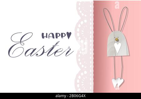 Easter background. Festive design composition top view. bunnies. Lace decoration. Happy easter. Horizontal banner, postcard, flyer. Greeting card. PIN Stock Photo