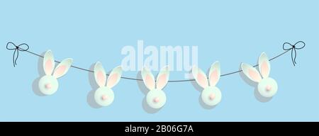 Easter background. Festive design composition top view. bunnies. Golden confetti decoration, garland with rabbits .. Happy Easter. Horizontal banner, Stock Photo