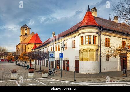 Pezinok city with church in main square, Slovakia Stock Photo