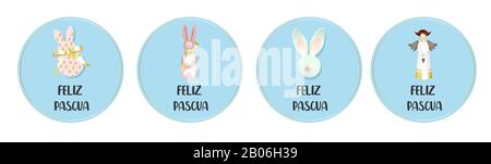 Round easter badges. Collection of greeting cards. Angel and bunny rabbit. Translation from Spanish: Happy Easter. Stock Photo