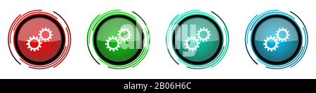 Gear round glossy vector icons, set of buttons for webdesign, internet and mobile phone applications in four colors options isolated on white backgrou Stock Vector