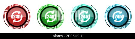 24h round glossy vector icons, set of buttons for webdesign, internet and mobile phone applications in four colors options isolated on white backgroun Stock Vector