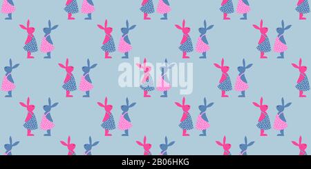 Easter background. Bright seamless pattern. Easter bunnies. Blue and pink. Stock Photo