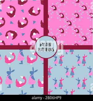 EASTER SEAMLESS PATTERNS. set of abstract paper with decorative flowers, shapes and symbols of easter day Stock Photo