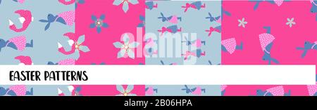 EASTER SEAMLESS PATTERNS. set of abstract paper with decorative flowers, shapes and symbols of easter day Stock Photo