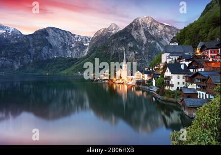 Beautiful summer Alpine Hallstatt Town and lake Hallstatter See view Austria Stock Photo