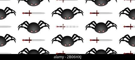 Black spider pattern. Mch on a dark background. Seamless pattern for textile and fabric design. Stock Photo