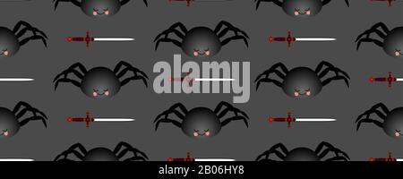 Black spider pattern. Mch on a dark background. Seamless pattern for textile and fabric design. Stock Photo