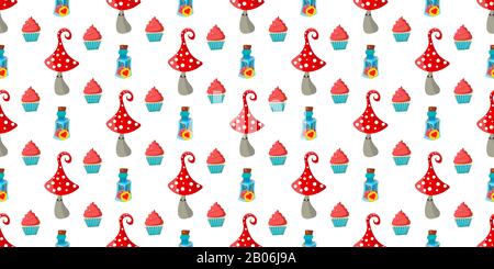 seamless childish pattern. Amanita mushrooms. Cupcakes and cakes. Alice in Wonderland. Stock Photo