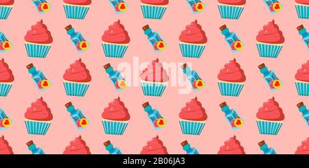 Children s seamless pattern for girls. Alice in wonderland cakes and cupcakes. Magic potion. Pink background. Stock Photo