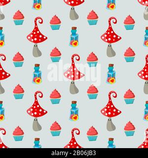 Seamless baby pattern. Amanita mushrooms and bottles of potion. Drink Me. Alice in the Wonderland. Stock Photo