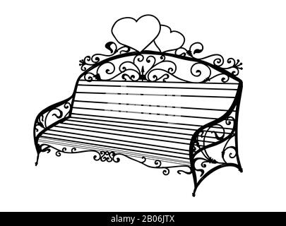 Artistic forging. Forged shop. The seat is made of metal. Curls. Garden bench. Park bench. Outdoor furniture. Patio. Stock Photo