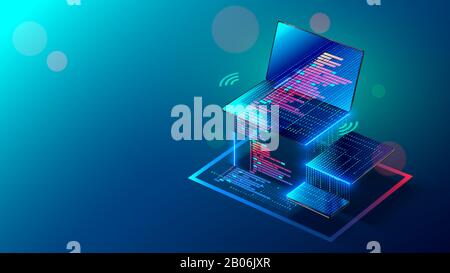Programming, testing app on different devices. Creation software and coding internet pages for laptop, tablet, phone. Isometric. Development Stock Vector
