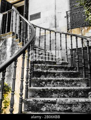 Outside Curved Stone Staircase with Iron Handrails, in the Peoples Garden, Municipal Art Gallery,  Corfu Town Stock Photo