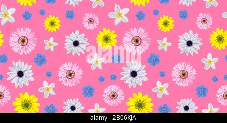 SEAMLESS FLOWER PATTERN. Realistic flowers. Spring bright colors. Pink. Perfect textile and wrapping paper design. Gerbera, anemone, linen. Stock Photo