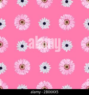 SEAMLESS FLOWER PATTERN. Realistic flowers. Spring bright colors. Pink. Perfect textile and wrapping paper design. Gerbera, anemone, linen. Stock Photo