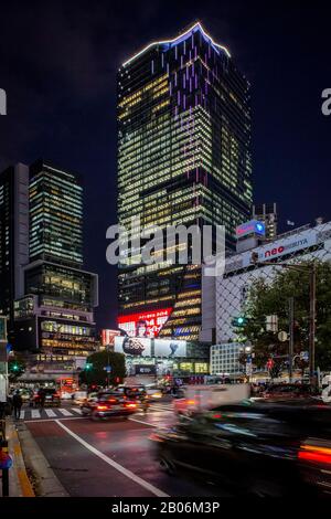 East tower of Shibuya Scramble Square, the highest building in Shibuya City, night photograph, Tokyo, Japan Stock Photo