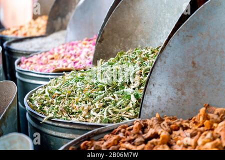 Variety of spices in old town market in Marrakech, Morroco Stock Photo