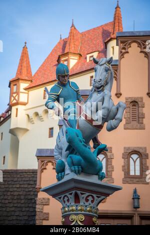 Monument in the German Pavilion, sculpture Saint George, Theme Area Germany, Epcot Amusement Park, Walt Disney World, Orlando, Florida, USA Stock Photo