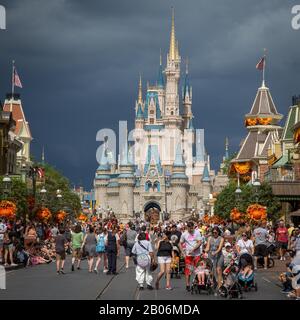 Main Street in the Magic Kingdom theme park, in the back Sleeping Beauty Castle, Walt Disney World, Orlando, Florida, USA Stock Photo
