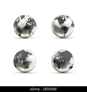 Set of realistic metallic Earth globes icons from different sides on white background Stock Vector