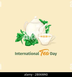 Ceramic Teapot and Tea cup. Mint Tea and Green Leaves. Isolated and Detailed Herbal Vector Illustration. Marker Hand Drawn Illustration. Porcelain Service for Banner Design, Restaurant Menu. Stock Vector