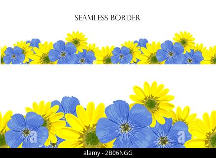 Flower meadow seamless border. repeating pattern blue pink yellow. Use for greeting cards, surface decoration, ribbons, fabric decoration, Easter, foo Stock Photo