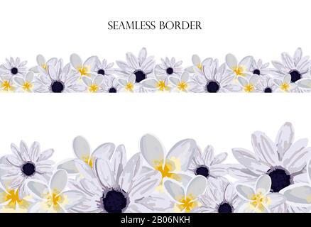 Flower meadow seamless border. repeating pattern. Use for greeting cards, surface decoration, ribbons, fabric decoration, Easter, footer. Stock Photo