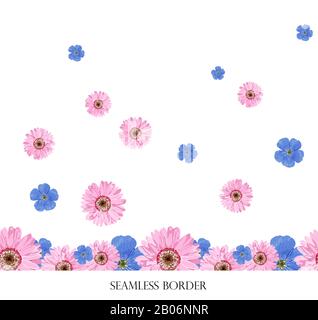 Seamless floral border with bright spring flowers. horizontal drawing on a white background. Stock Photo