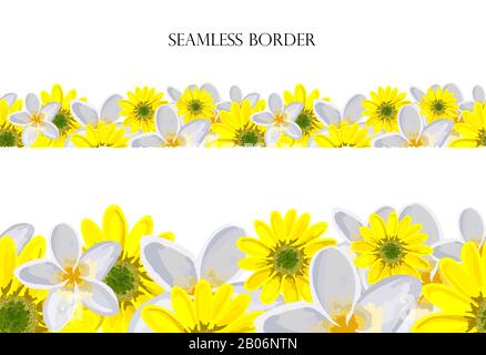 Flower meadow seamless border. repeating pattern. Use for greeting cards, surface decoration, ribbons, fabric decoration, Easter, footer. Stock Photo
