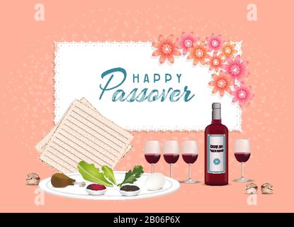 Happy Passover in hebrew Jewish holiday banner tamplate with wine, seder plate, coral color backgroun Stock Vector